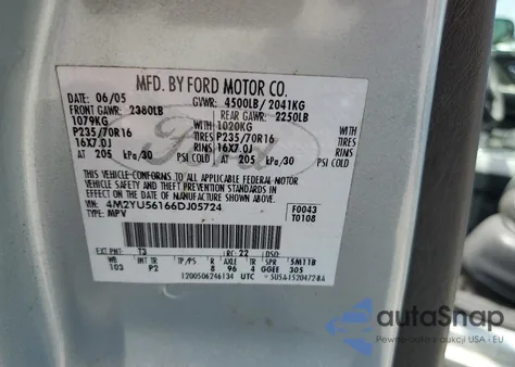 2006 Mercury Mariner из США, поврежденный, VIN 4M2YU56166DJ05724